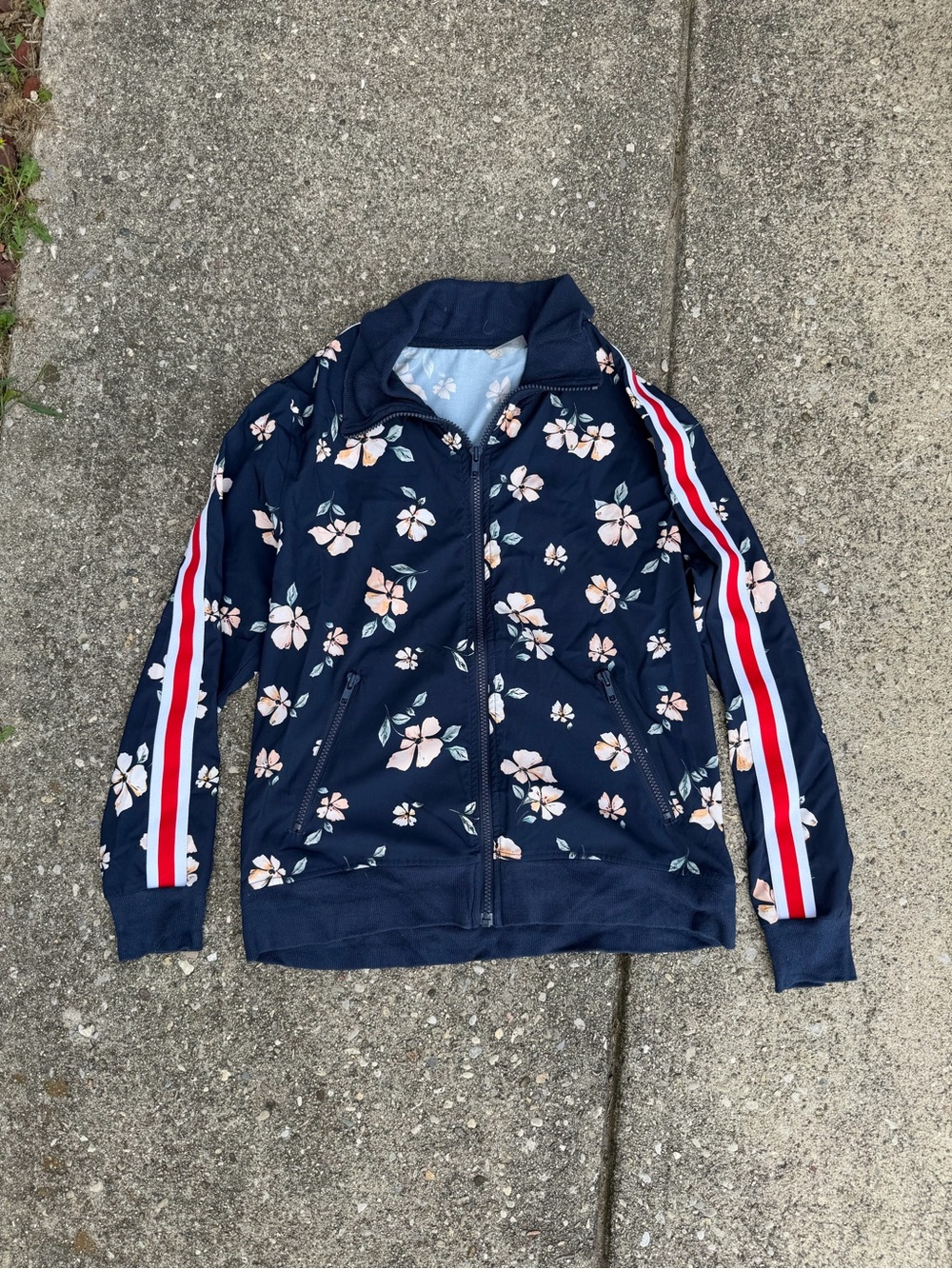 Thread & Supply Navy Floral Bomber Jacket with Red & White Trim